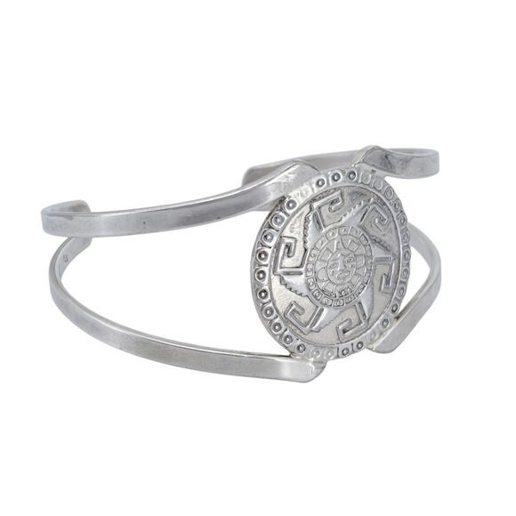 Vintage Mexico Sterling Silver 925 Aztec Sun Cuff Bracelet 6.5" - Picture 3 of 9